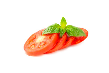 Fresh cherry tomatoes and fresh green basil isolated on white background. Tomato slices. Tomato sauce. Vegan. Ingredients for salad. Organic food. Place for text. Copy space.