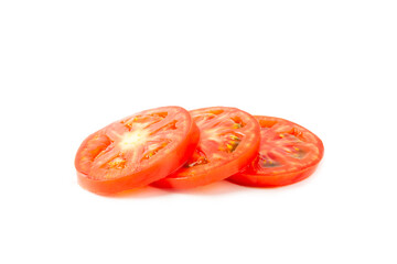 Fresh cherry tomatoes and fresh green basil isolated on white background. Tomato slices. Tomato sauce. Vegan. Ingredients for salad. Organic food. Place for text. Copy space.