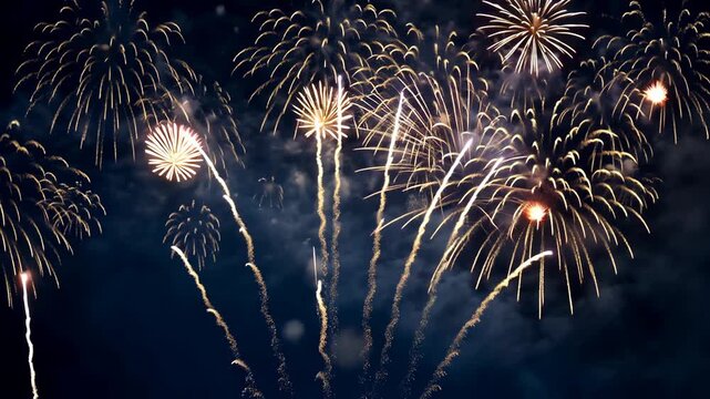 Night sky filled with bright fireworks in various patterns, celebrating a festive occasion with vibrant colors and joy.
