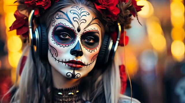 Woman with Day of the Dead face paint, headphones, and a flower crown, combining traditional Dia de los Muertos elements with modern style.
