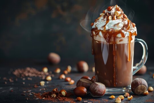 Glass cup with dark hot chocolate or choco latte whipped cream caramel sauce roasted chestnuts on dark table copy space