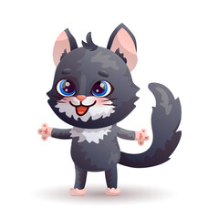 Happy cartoon black cat on white background. Vector illustration.