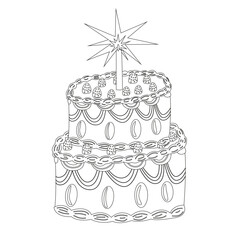 Cute retro linear birthday cake with raspberries and cream. Vector flat set of cakes for birthday, holiday. Vintage line cake collection with retro decorations