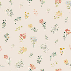 Cute feminine seamless watercolor pattern with little tiny wildflowers, hand drawn, not AI