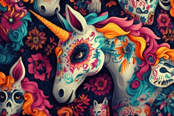 Unicorns in flower field