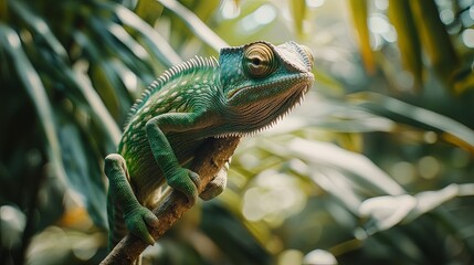 Chameleon on a Branch in Lush Green Foliage