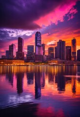 Fototapeta premium stunning city skyline dusk showcasing vibrant colors sky reflection water, sunset, buildings, lights, urban, horizon, architecture, landscape, view, clouds