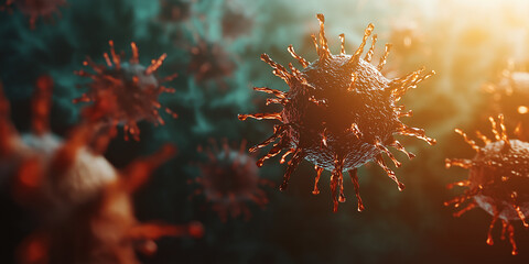 Fototapeta premium Mikroskopaufnahme eines neuen Virus. 3D-Darstellung mit Oberflächenproteinen. Wissenschaftliche Visualisierung für medizinische Forschung und Virologie