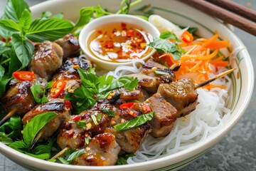 Grilled meat over rice noodles with herbs salad spring rolls and fish sauce a Vietnamese classic dish