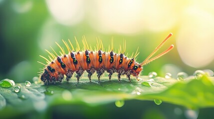 Fototapeta premium Caterpillar Crawling on a Leaf with Dewdrops