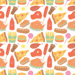 Seamless fast food pattern. fast food background. Drawn food pattern