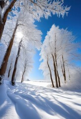 Obraz premium breathtaking winter landscape featuring frost covered trees serene snowy ground under clear blue sky, cold, nature, beauty, scenery, outdoors, ice, peaceful
