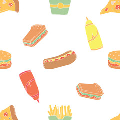 Seamless fast food pattern. fast food background. Drawn food pattern