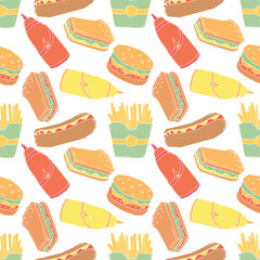 Seamless fast food pattern. fast food background. Drawn food pattern
