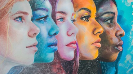 Obraz premium Close-up illustration of diverse women in profile, celebrating diversity and inclusion through unity and representation