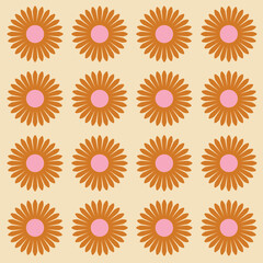 70's Retro Seamless Pattern, 60s and 70s Aesthetic Style, floral groovy pattern in beige, gold and pink colors.