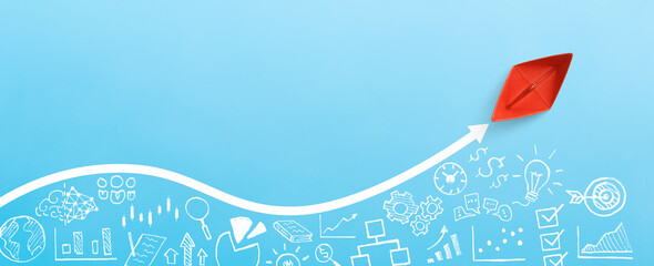 Red paper ship with arrow and business strategy on blue background, Business success, innovation...