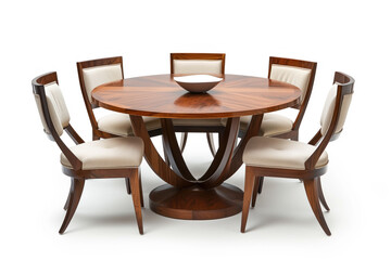 Round wooden dining table with cushioned chairs on white