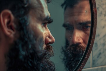 Portrait of a bearded man admiring himself in the mirror