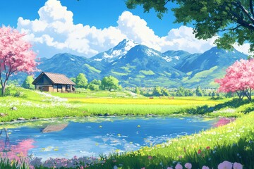Obraz premium Whimsical Anime Village: A Vibrant Anime-Style Pastoral Landscape Blended with Colorful Elements and Impressionist Touches, the Quintessence of Leisurely Retreats and Idyllic Travel Posters in 4K Wall