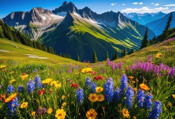 Fototapeta premium stunning mountain peaks adorned colorful wildflower blooms scenic landscape, blossom, nature, scenery, floral, outdoor, park, hill, meadow, sky, green