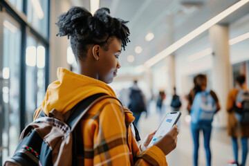 Student using smartphone in school hallway