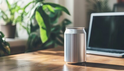 Aluminum Can on Wooden Table with Laptop and Plants in Background