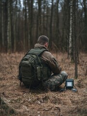 Man with backpack in woods