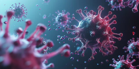 Fototapeta premium Mikroskopaufnahme eines neuen Virus. 3D-Darstellung mit Oberflächenproteinen. Wissenschaftliche Visualisierung für medizinische Forschung und Virologie