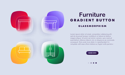 Furniture icon set. Table, wardrobe, cabinet, home decor, furniture design, interior, home improvement, glassmorphism, digital design.