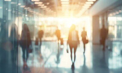 Blurred business people in white glass office background, Generative AI