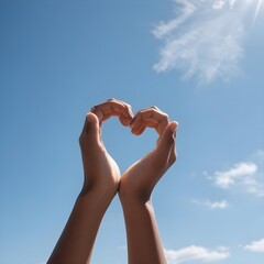 Self acceptance, learning to love yourself in the form of a person's hands forming a heart shape against a blue sky 