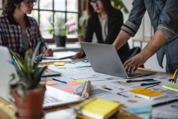 Web designer, planning and team in office with laptop, market research or problem solving in development of project. Website, design and people with technology for online marketing, Generative AI