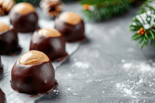 Homemade buckeye candies with dark chocolate on gray background for New Year
