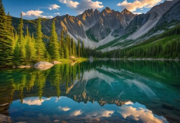 stunning mountain peaks mirrored tranquil lake waters under clear blue sky, alpine, beauty, breathtaking, calm, clarity, cloud, depth, daylight