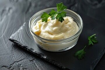 Homemade mayonnaise in glass bowl on black stone plate