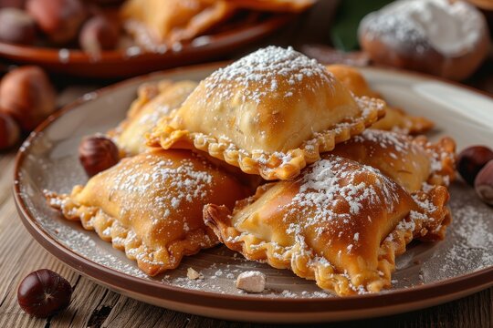 Homemade Italian Carnival pastry filled with chestnut and amaretto Sweet Ravioli Dolci