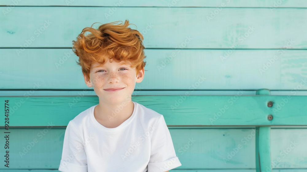 Wall mural Red-haired boy in white t-shirt looking at camera