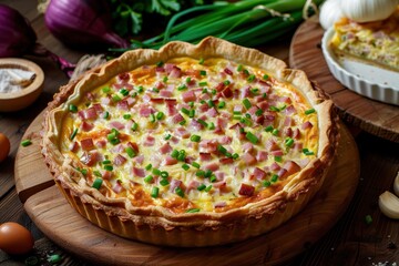 Homemade quiche with leek ham and cheese on wood