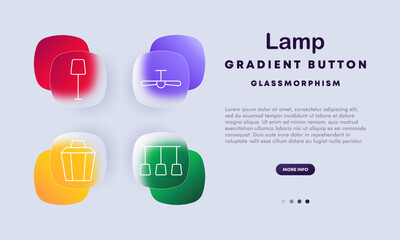 Lamp icon set. Hanging lamps, modern chandelier, circular lights, and table lamp icons. Glassmor