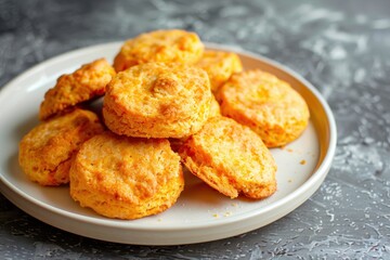 Homemade sweet potato buttermilk biscuits on white plate Top view with space for text