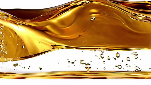 A splash of oil is shown in a white background. The splash is made up of many small droplets of oil, creating a sense of movement and energy. The image conveys a feeling of excitement and motion