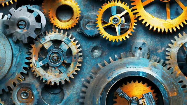 A close up of a bunch of gears with a blue background. The gears are of different sizes and colors, and they are all interlocked. Concept of complexity and interdependence