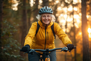Senior woman with grey hair in yellow jacket and bike helmet cycling in autumn forest. 