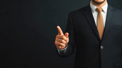 A businessman in a suit raises a finger, conveying importance and authority against a dark background.