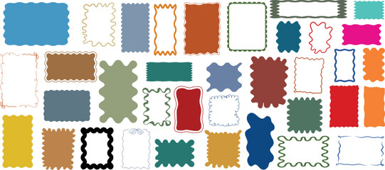 Squiggle frame vector, colorful wavy, zigzag borders, playful design, blank shapes, decorative graphic, vibrant background, creative digital art, abstract template, unique patterns, dynamic layout