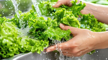 Fresh kale is being rinsed under running water in a kitchen sink, ensuring it is clean and ready for meal preparation