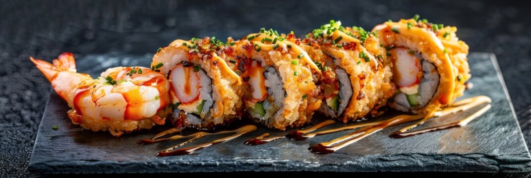 Crispy Ebi Tempura Maki Sushi Rolls, Deep Fried Uramaki Roll Set with Cream Cheese, King Prawns