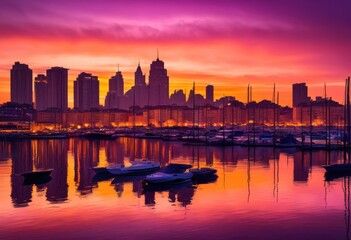 Naklejka premium breathtaking sunrise skyline silhouettes capturing first light day vibrant horizon, architecture, buildings, cityscape, city, citylights, cityview