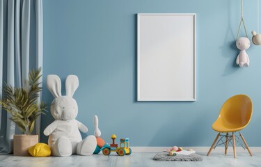 Children's room mockup with a blank poster frame on a blue wall, surrounded by toys and a baby chair. Perfect for design presentation.